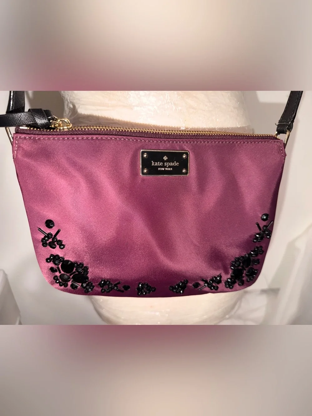 kate spade purple satin clutch with black beaded floral trim